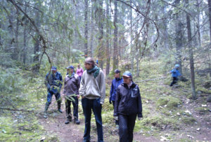 Metsäkirkossa vaelletaan alkuhartauden jälkeen Arajärven luontopolulla. Viime syksynä metsäkirkkotilaisuuteen osallistui 24 ihmistä. Kuva: Ali Kulhia.   