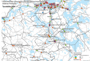 Joukkoliikenteen vaihtopaikat ja liityntäpysäköinti Etelä-Pirkanmaalla. Tämä on tavoitteena 2040.