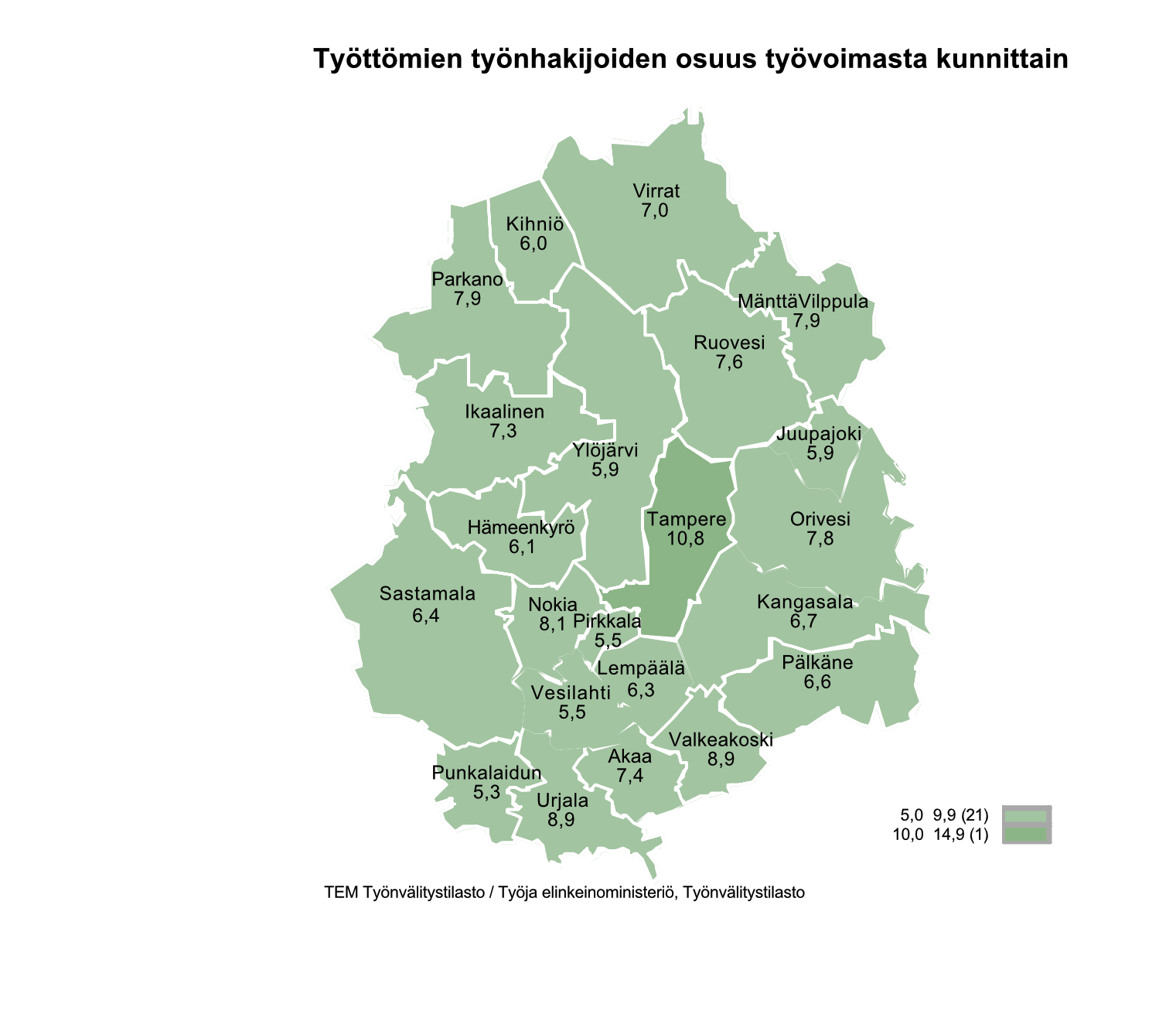 Työttömien määrä Akaassa jatkoi laskuaan – avoimet työpaikat vähenivät