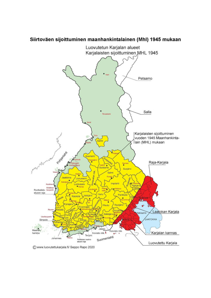 Karjala-aktiivi Seppo Rapo on tehnyt Pirmedioiden pyynnöstä kartan, joka kertoo siirtokarjalaisten asuttamisen kantamaahan toisen maailmansodan jälkeen. (Kartta: Seppo Rapo)